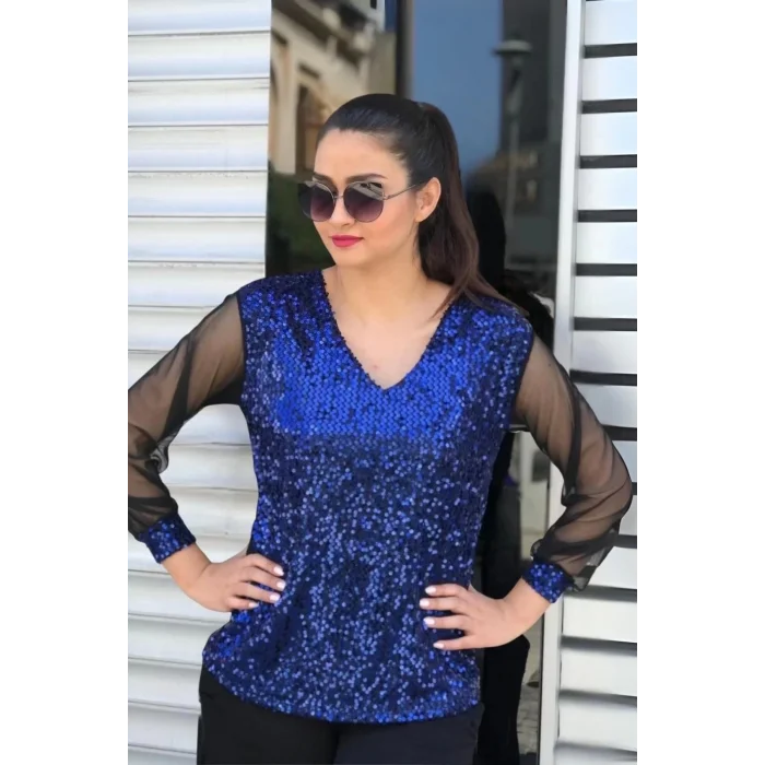 Pullu Kolları Tül Bluz