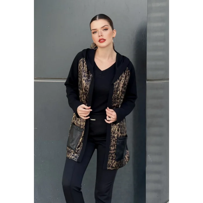 Kapüşonlu Leopar Desen Garnili Cepli Hırka