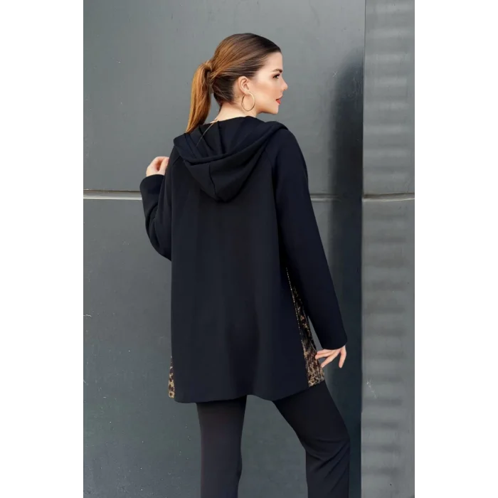 Kapüşonlu Leopar Desen Garnili Cepli Hırka