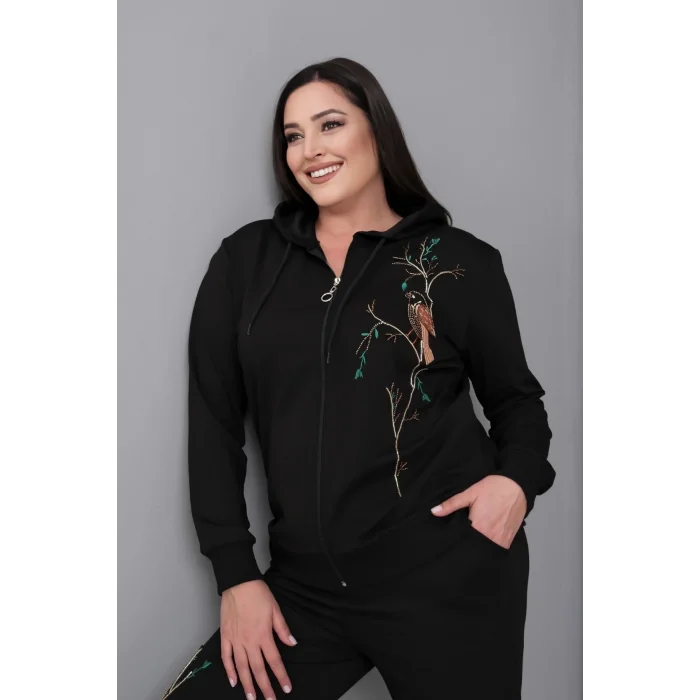 Kapüşonlu Fermuarlı Boncuk Nakışlı Takım