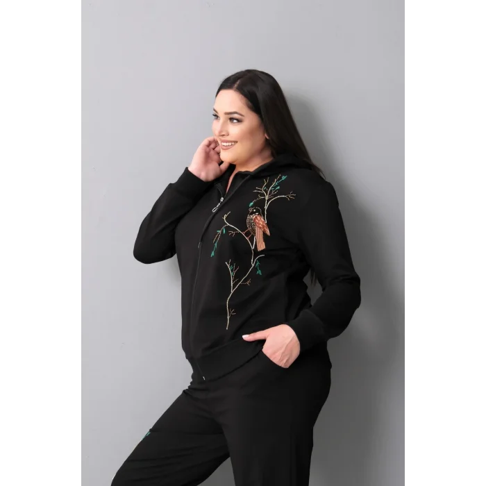 Kapüşonlu Fermuarlı Boncuk Nakışlı Takım