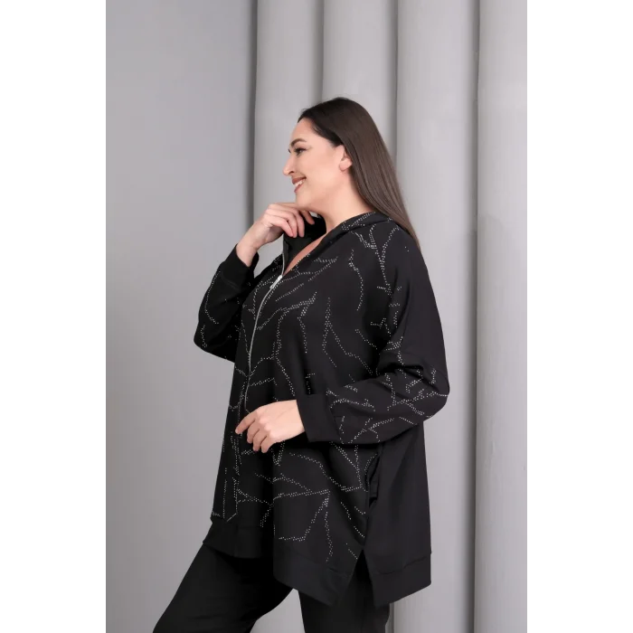 Kapüşonlu Fermuarlı Taş Baskılı Ceket