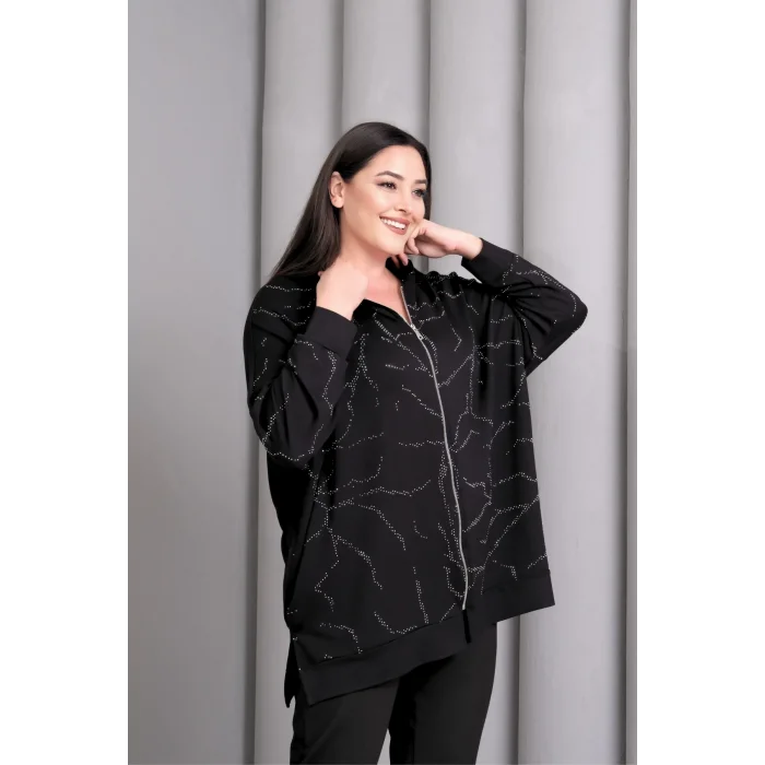 Kapüşonlu Fermuarlı Taş Baskılı Ceket