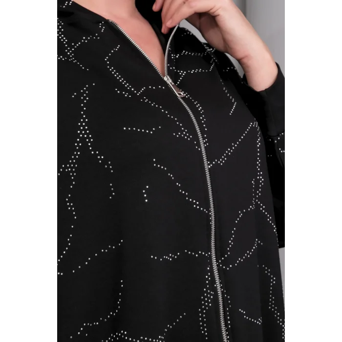 Kapüşonlu Fermuarlı Taş Baskılı Ceket