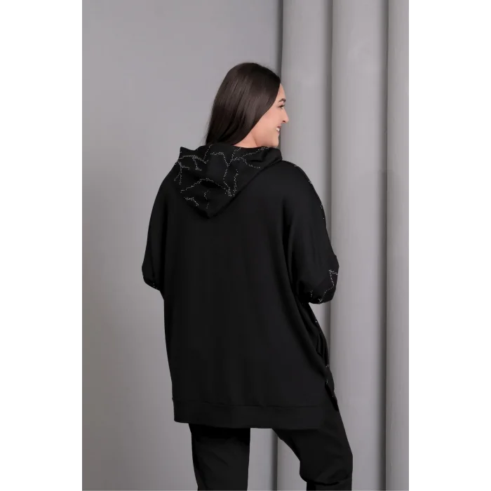 Kapüşonlu Fermuarlı Taş Baskılı Ceket