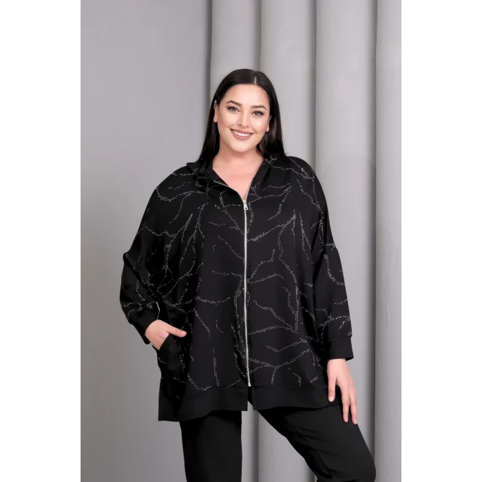 Kapüşonlu Fermuarlı Taş Baskılı Ceket