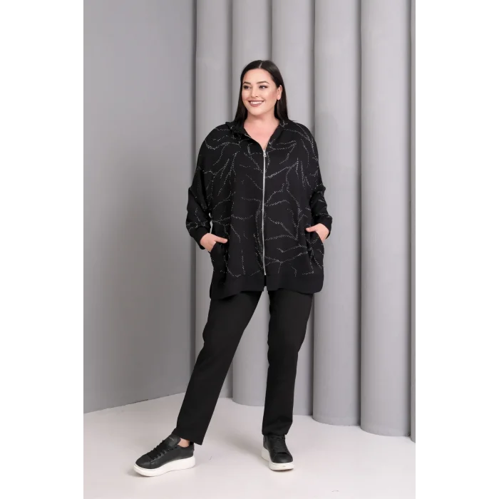 Kapüşonlu Fermuarlı Taş Baskılı Ceket