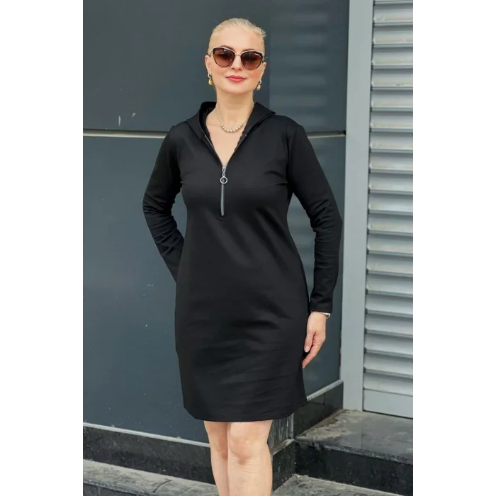 Kapüşonlu Fermurlı Detaylı Elbise