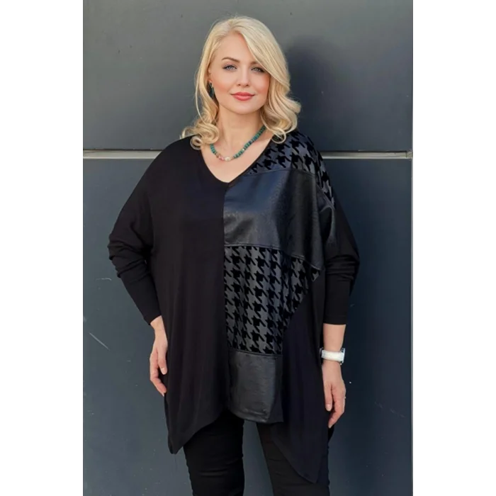 Kazayağı Desenli Suni Deri Detaylı Bluz