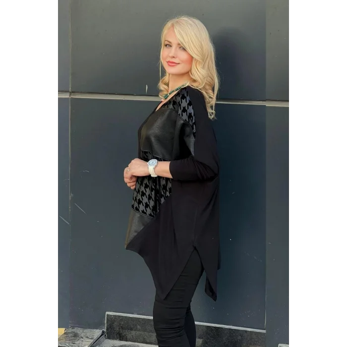 Kazayağı Desenli Suni Deri Detaylı Bluz