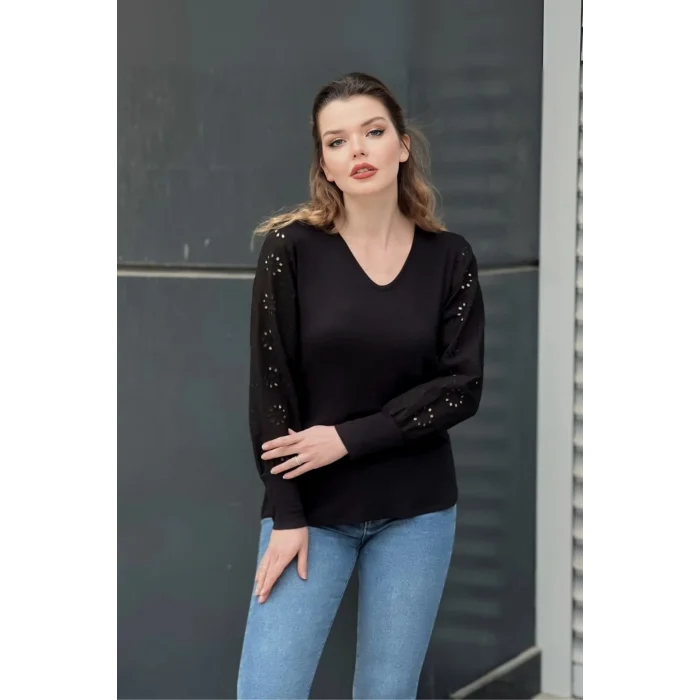 Kolları Brode Kumaş Bluz