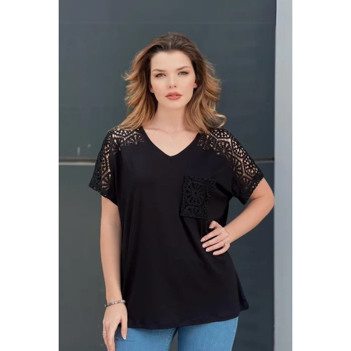 Omuz Güpürlü Cepli Bluz