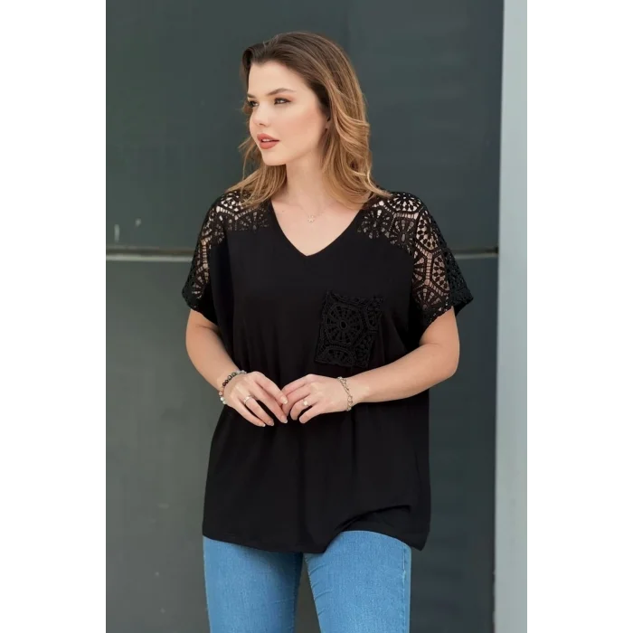 Omuz Güpürlü Cepli Bluz