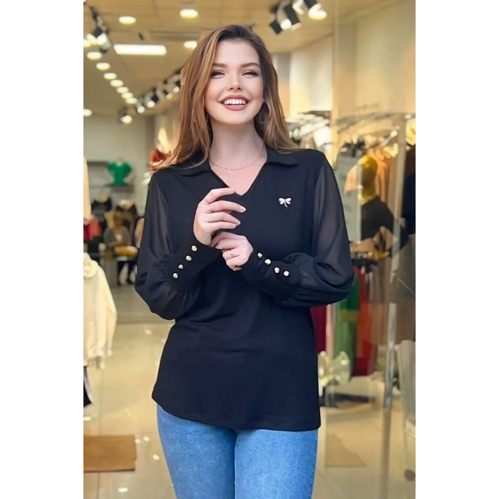 Kolları Şifon Düğme Detaylı Bluz