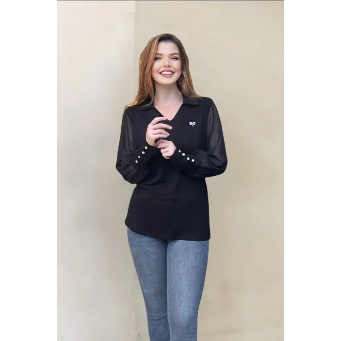 Kolları Şifon Düğme Detaylı Bluz