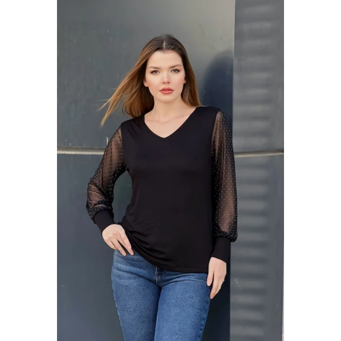 Kolları Tül Taş Taskılı Bluz