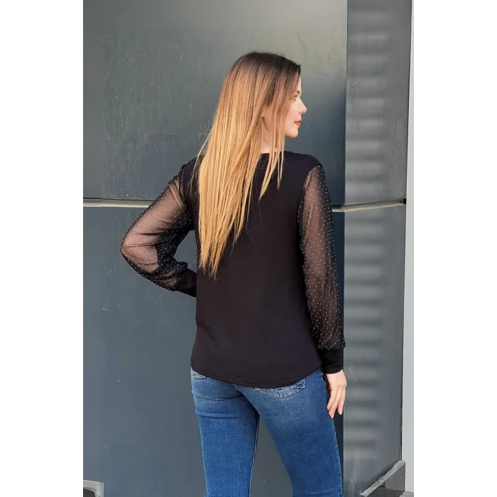 Kolları Tül Taş Taskılı Bluz