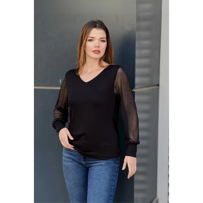 Kolları Tül Taş Taskılı Bluz