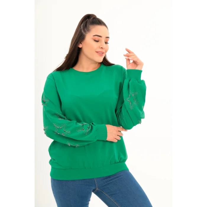 Kolları Yıldız Taş Baskılı Sweatshirt