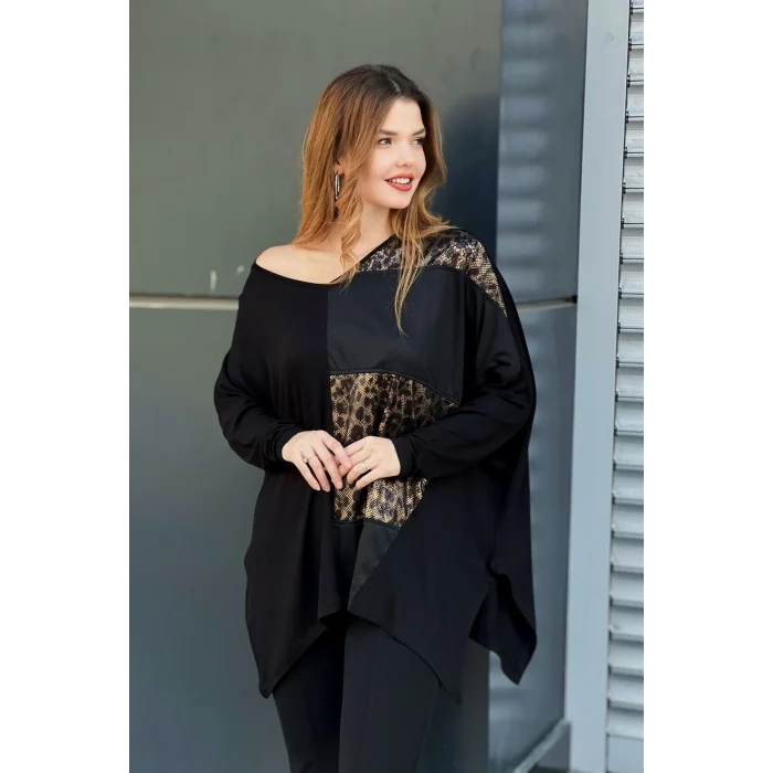 Leopar Desenli Suni Deri Detaylı Bluz