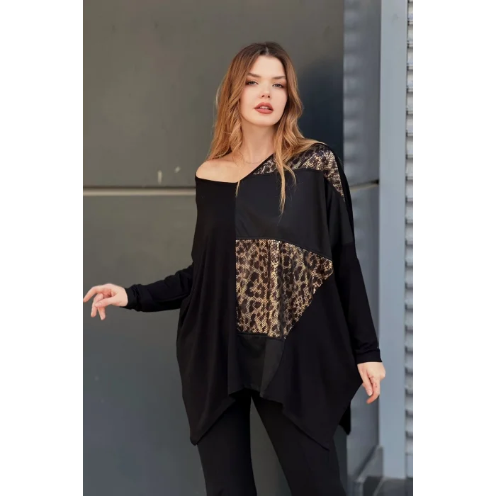 Leopar Desenli Suni Deri Detaylı Bluz