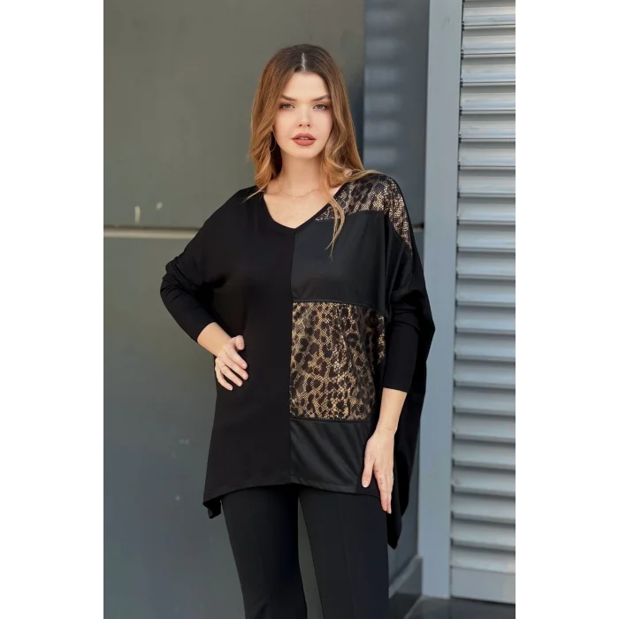 Leopar Desenli Suni Deri Detaylı Bluz