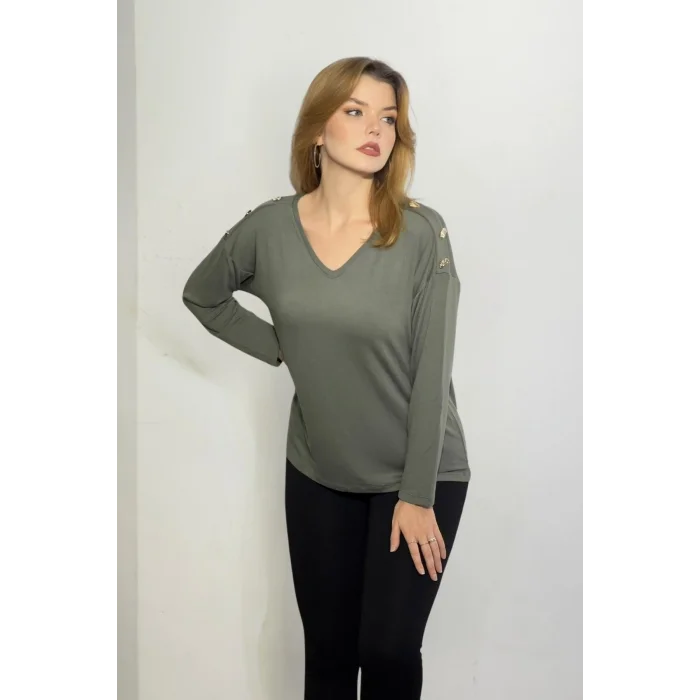 Omuz Düğme Detaylı Bluz