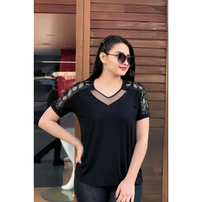 Omuz Lazer Kesim Pullu Bluz