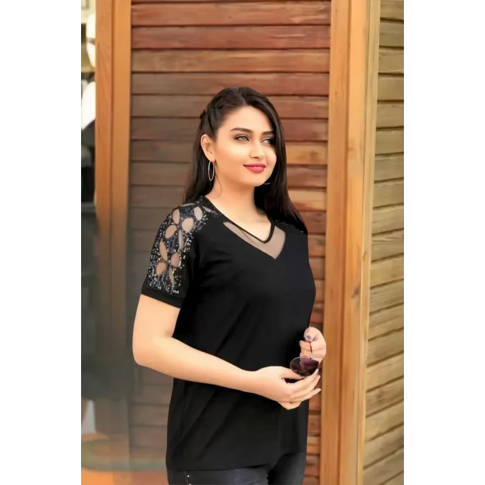 Omuz Lazer Kesim Pullu Bluz