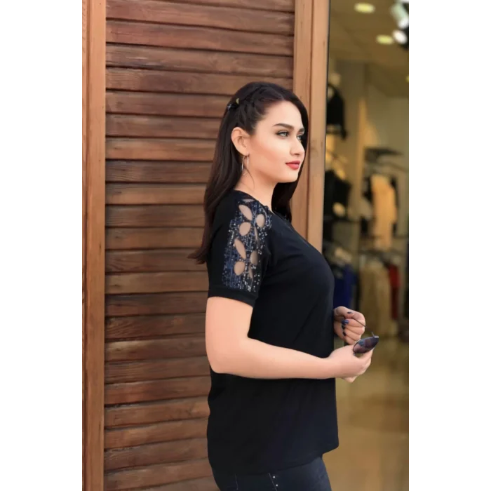 Omuz Lazer Kesim Pullu Bluz