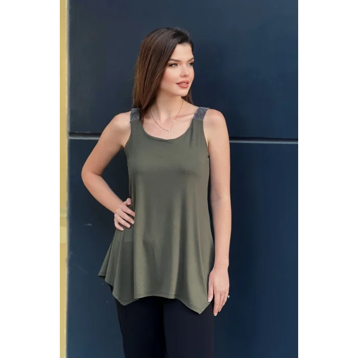 Omuz Taş Detay Askılı Asimetrik Bluz