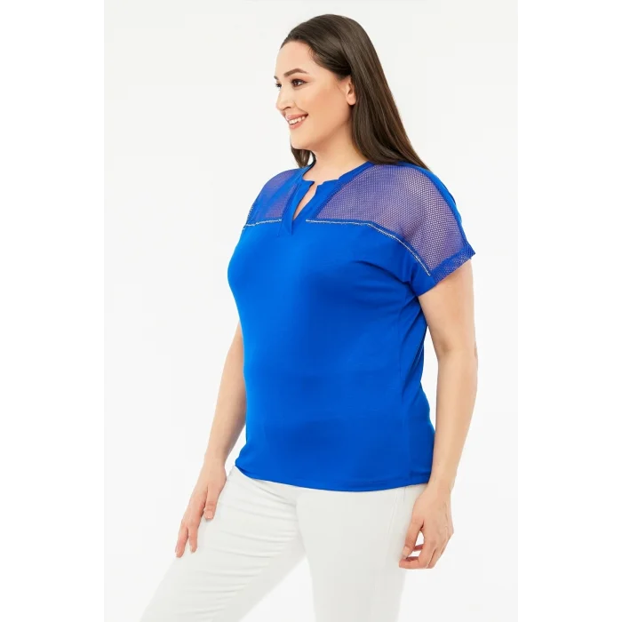 Omuzları File Taşlı V Yaka Bluz