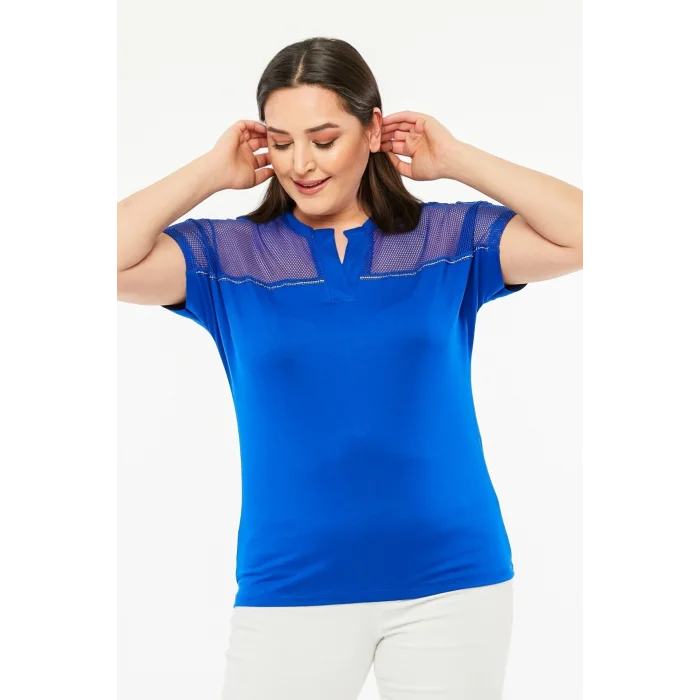 Omuzları File Taşlı V Yaka Bluz