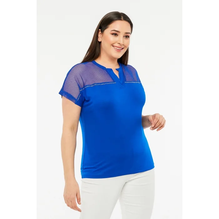 Omuzları File Taşlı V Yaka Bluz