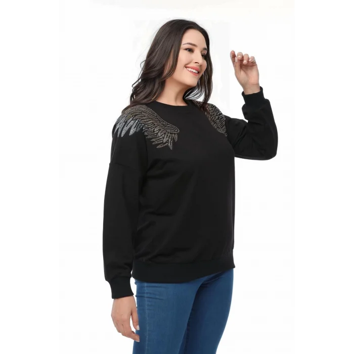 Omuzları Kanat Taş Baskılı Sweatshirt