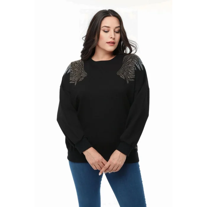 Omuzları Kanat Taş Baskılı Sweatshirt