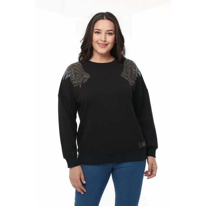 Omuzları Kanat Taş Baskılı Sweatshirt