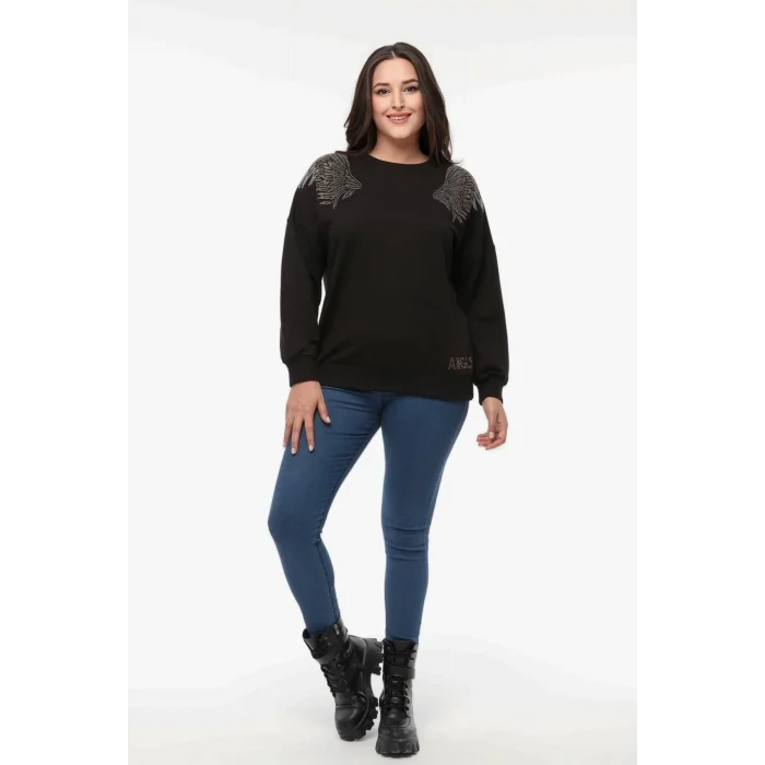 Omuzları Kanat Taş Baskılı Sweatshirt