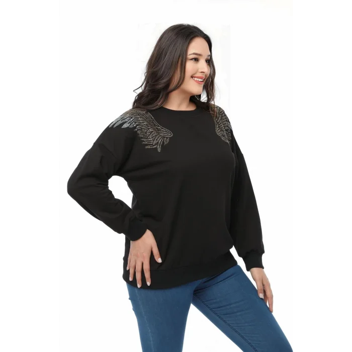 Omuzları Kanat Taş Baskılı Sweatshirt