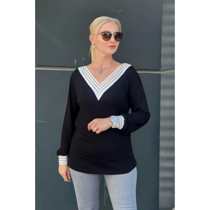 Ön Arka V Beyaz Şerit Bluz