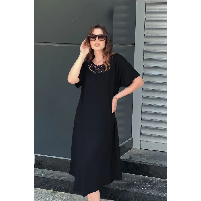 Ön Arka V Güpür Yakalı Elbise