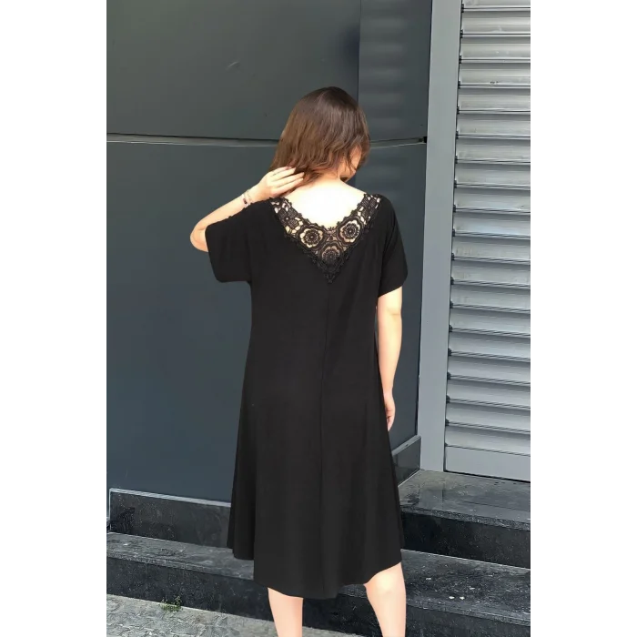 Ön Arka V Güpür Yakalı Elbise