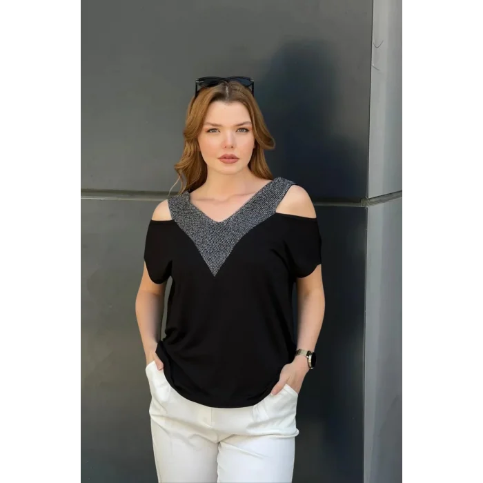 Ön ve Arkası V Simli Bluz