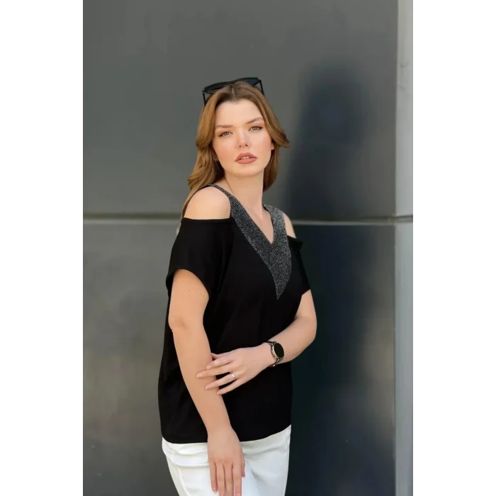 Ön ve Arkası V Simli Bluz