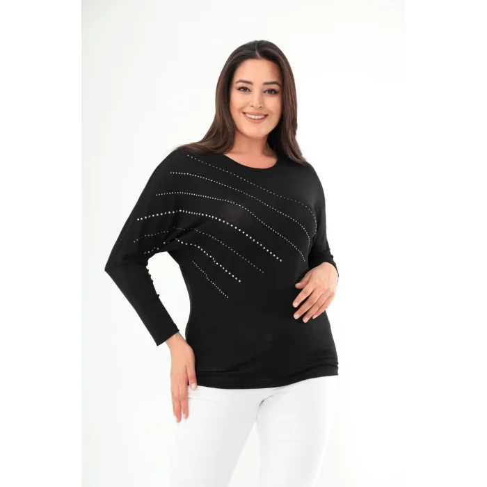 Önü Çizgi Taş Baskılı Bluz