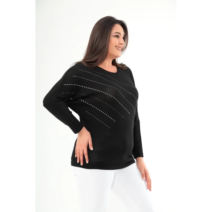 Önü Çizgi Taş Baskılı Bluz