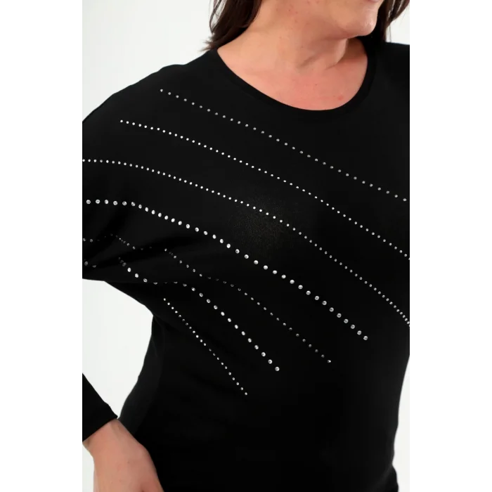 Önü Çizgi Taş Baskılı Bluz