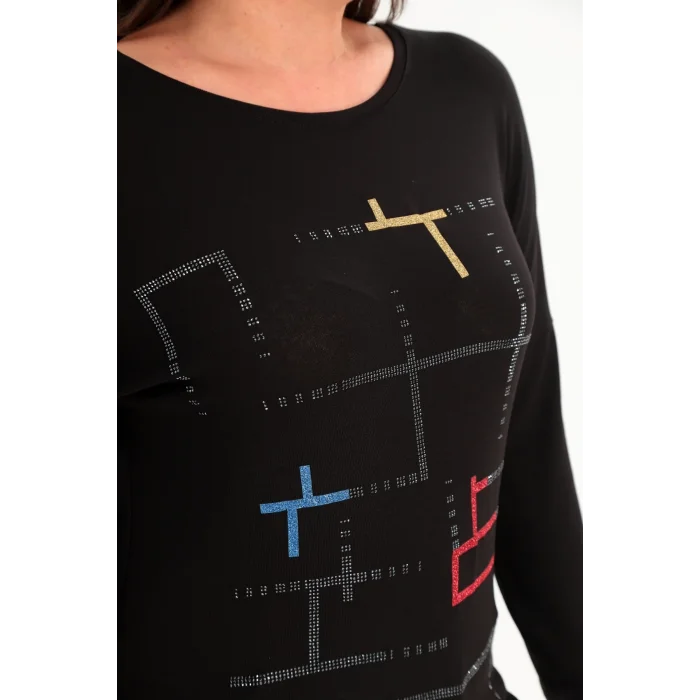 Önü Renkli Sim Taş Baskılı Bluz