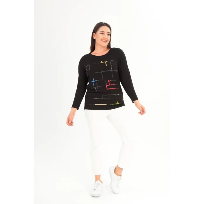 Önü Renkli Sim Taş Baskılı Bluz