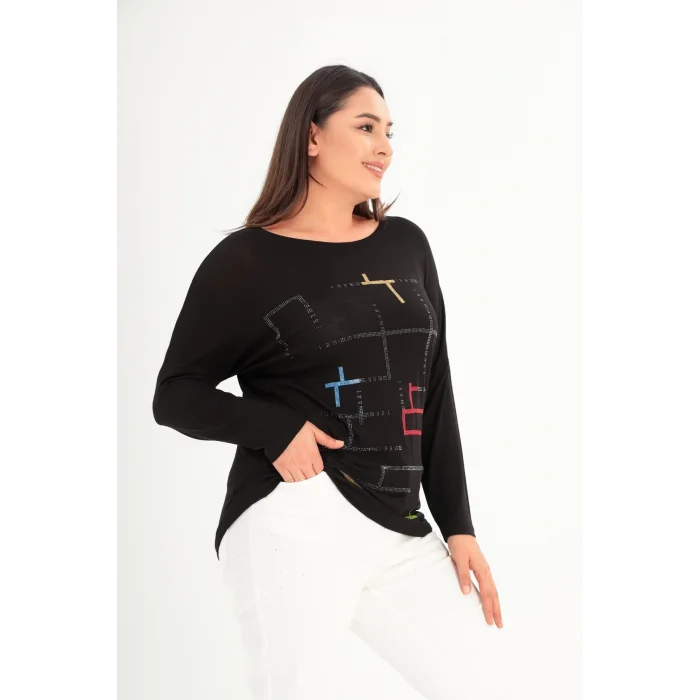 Önü Renkli Sim Taş Baskılı Bluz
